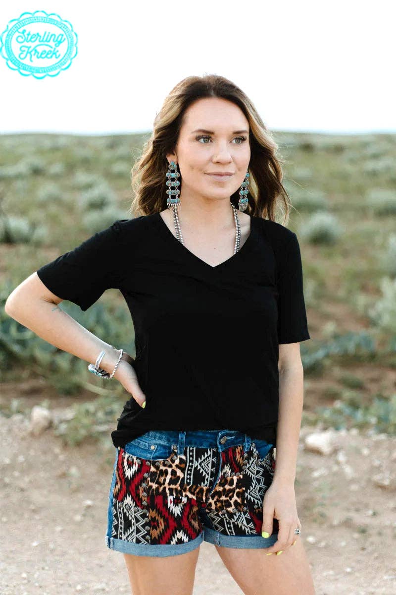 Patched Up Denim Shorts-In Red Aztec And Leopard Print