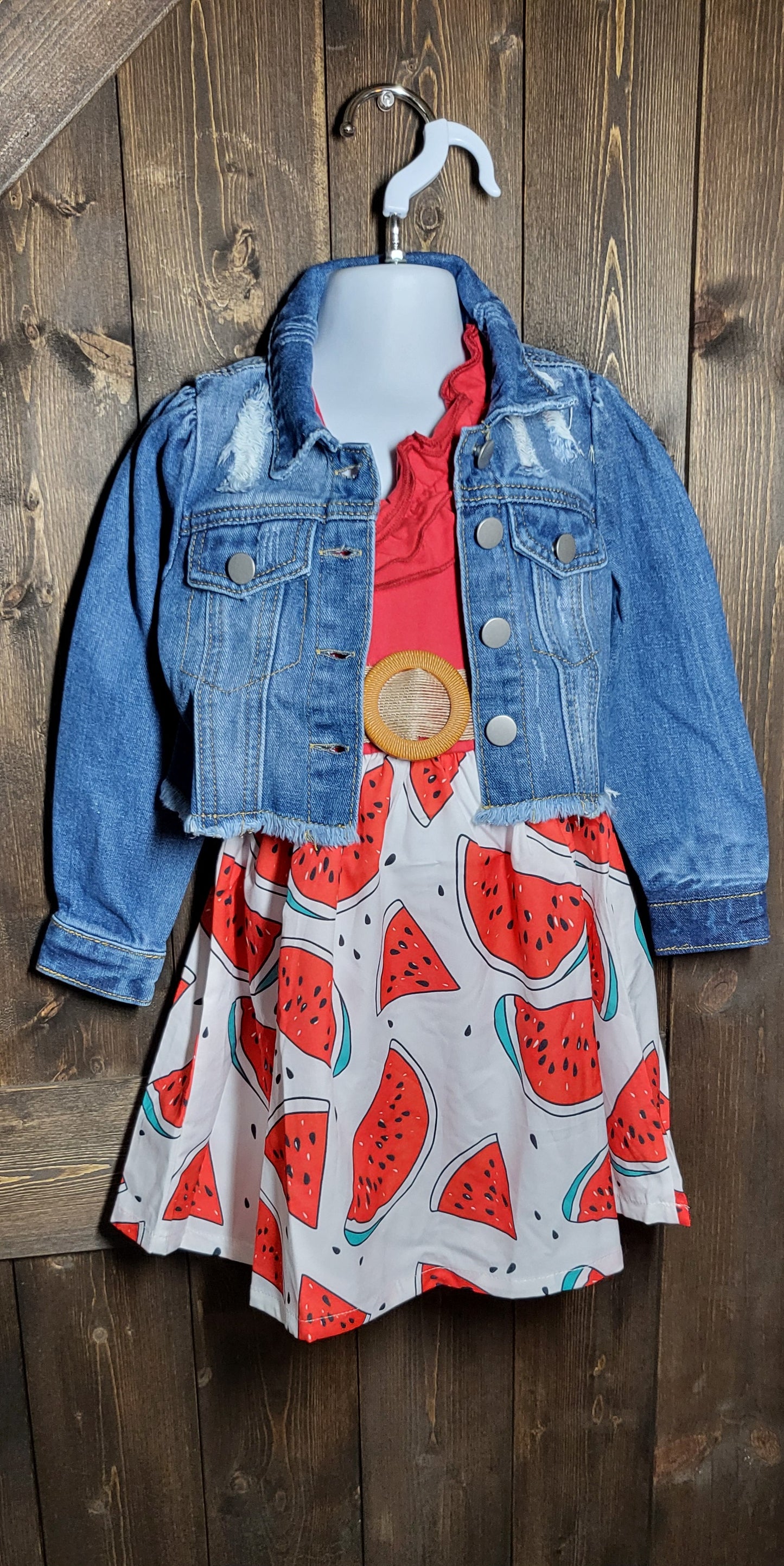 Girls dress in cowprint, sunflower, or watermelon and cropped jean jacket