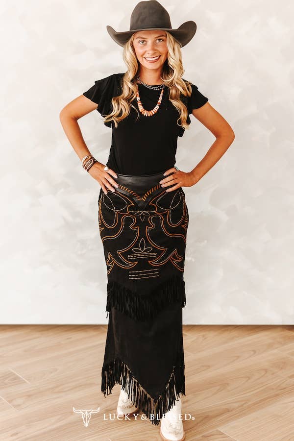 Black Boot Stitch Suede Fringe Skirt W Leather Upper Yoke