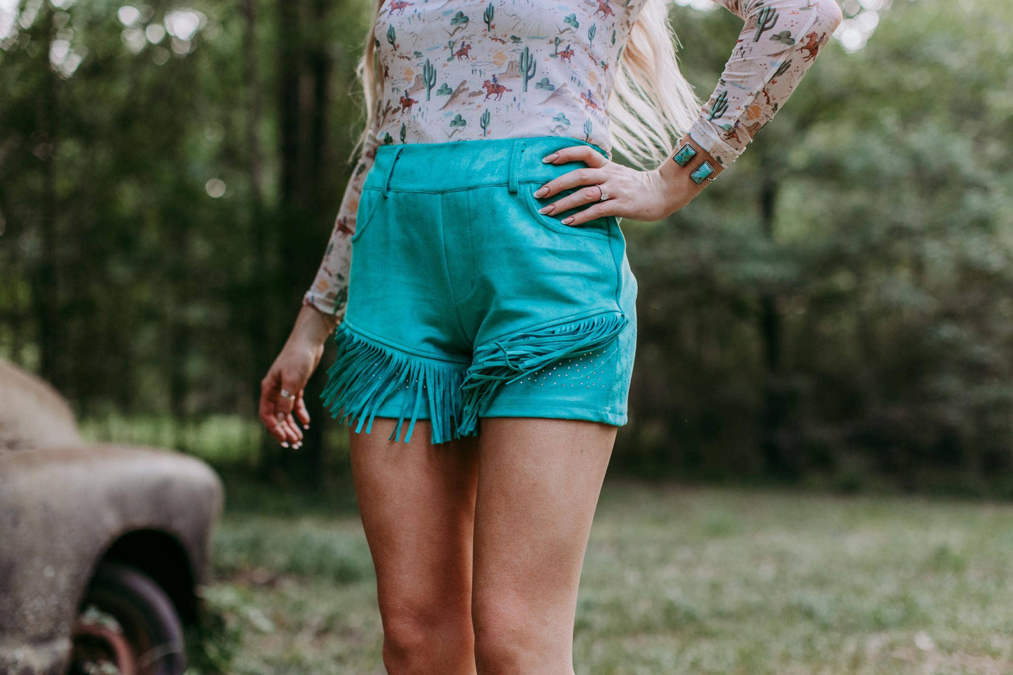 Turquoise Western Fringe Shorts With Rhinestones