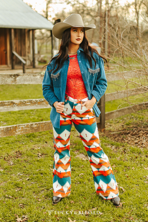 Teal Red Aztec Printed Wide Leg Jeans (Tummy Control)