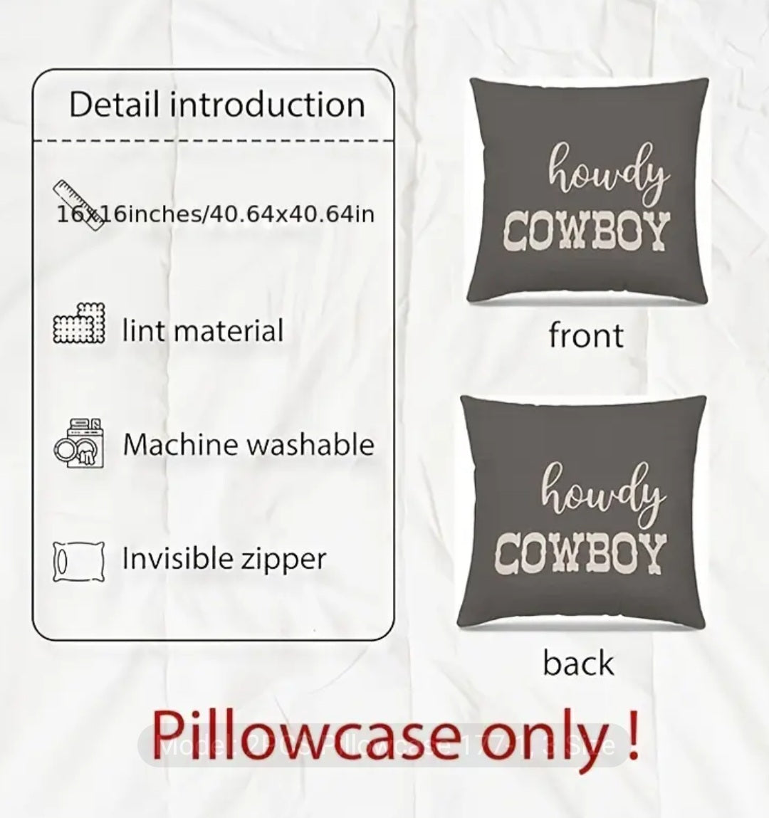 2 pillow covers Hello Darling, Howdy Cowboy 18x18" (covers only)