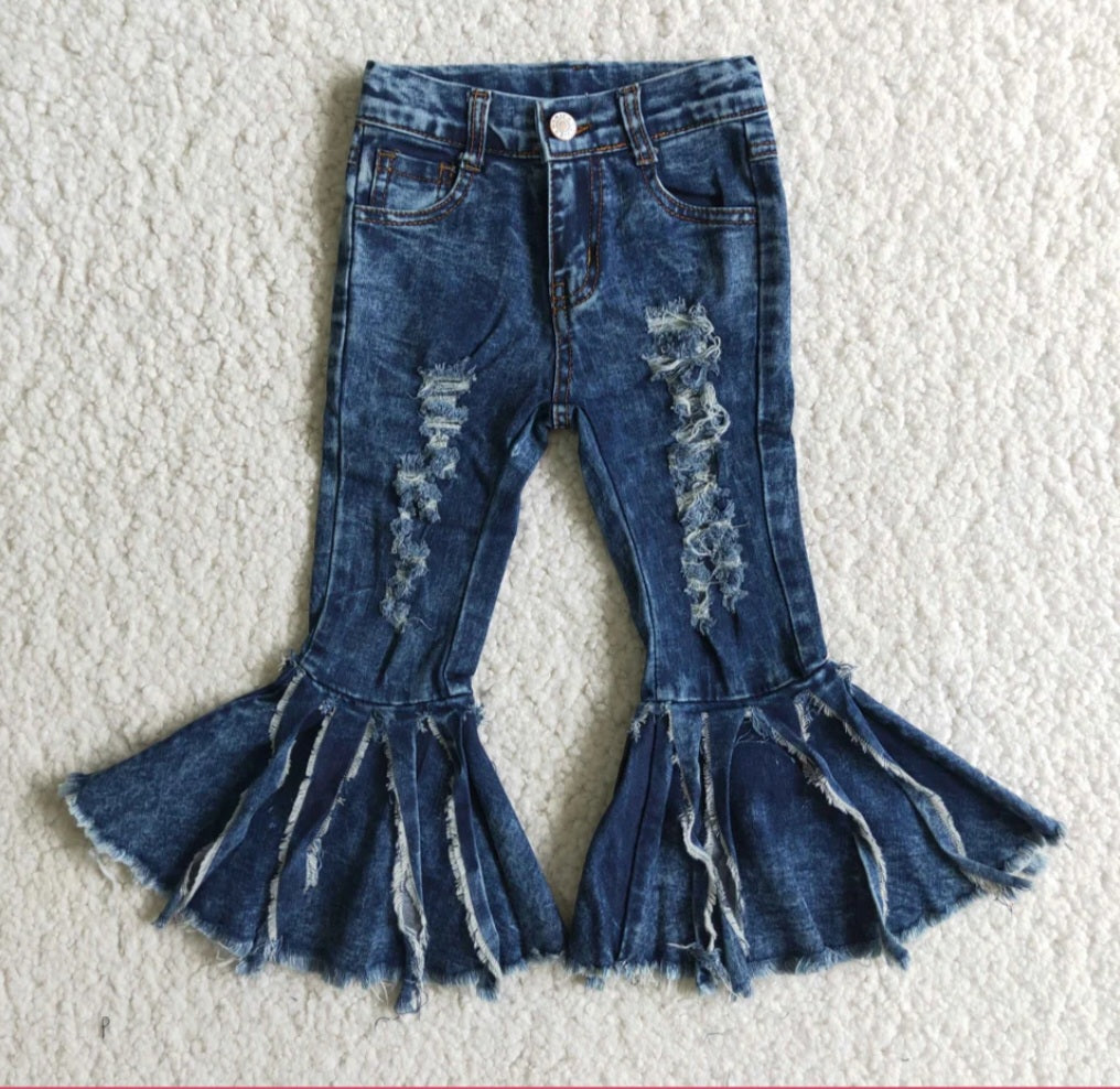Girls Distressed acid washed Flare Jeans With Tassel Fringe