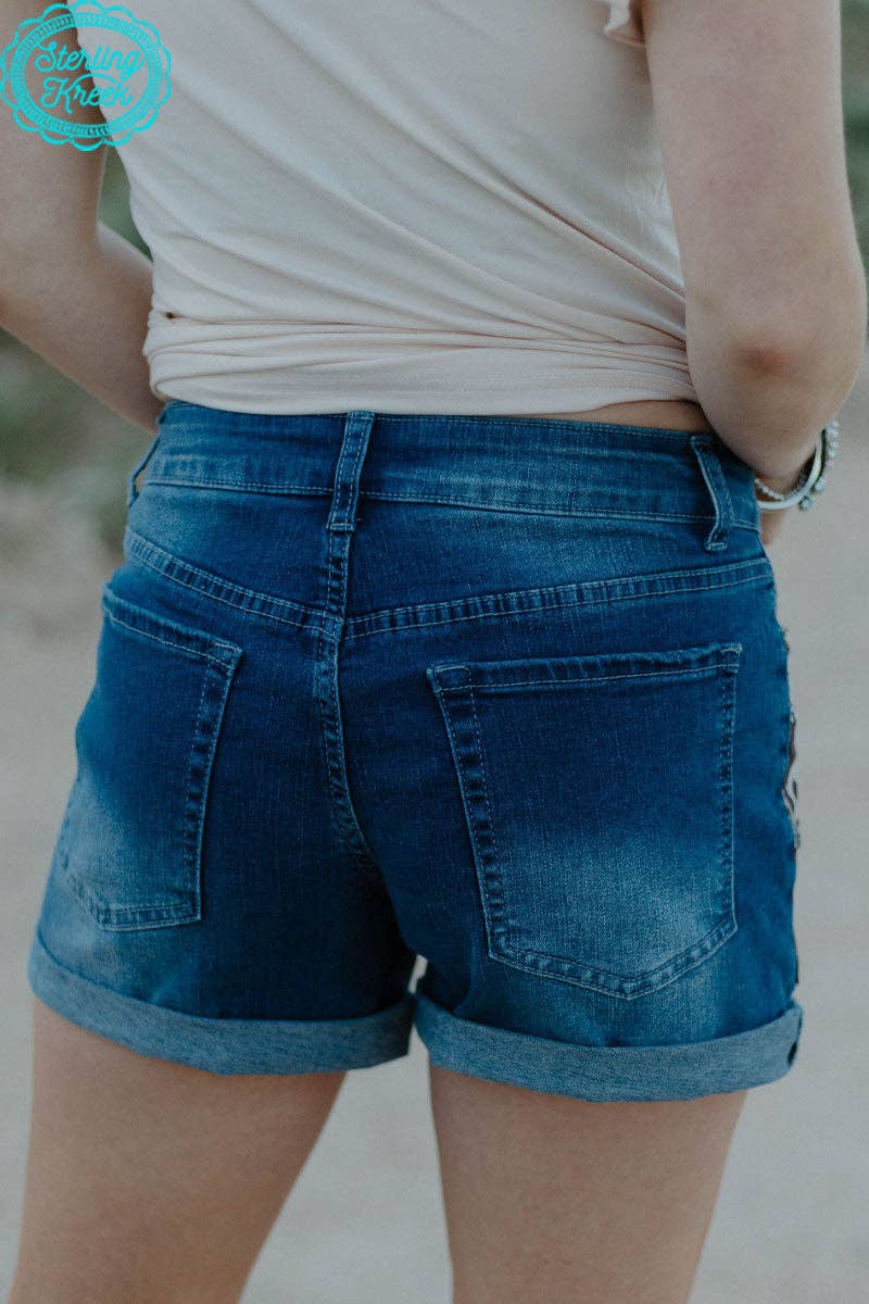 Patched Up Denim Shorts -In Western Turquoise Serape