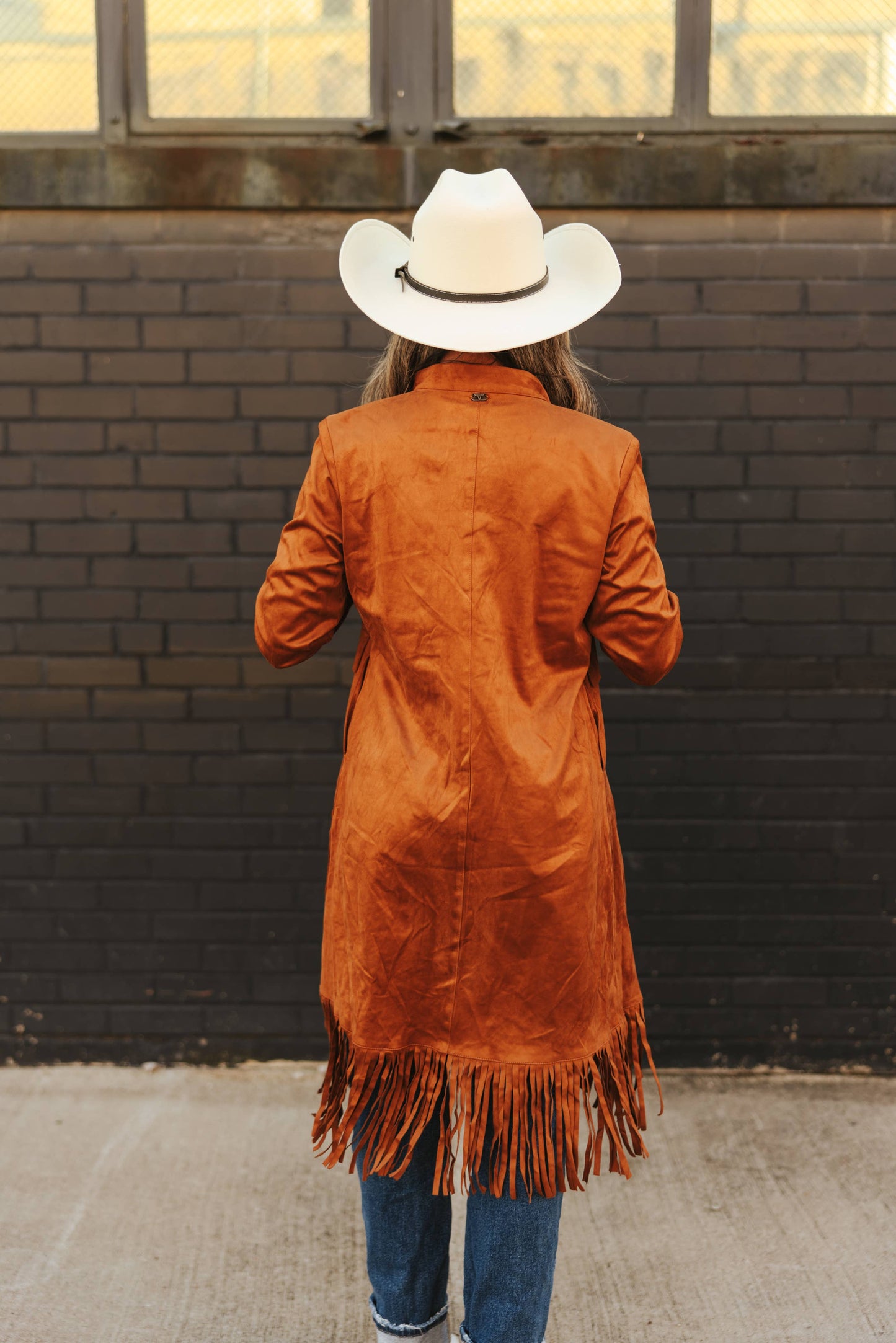 Camel Faux Suede Jacket Blazer With Fringed Hem