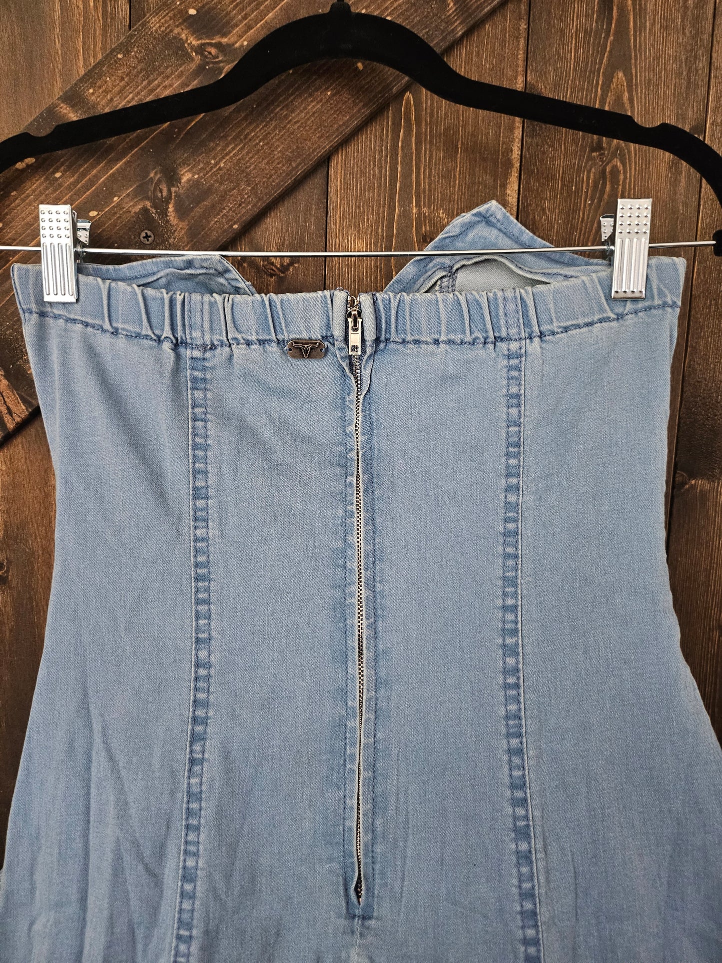 Light Wash Stretch Denim Asymmetric Ruffle Dress
