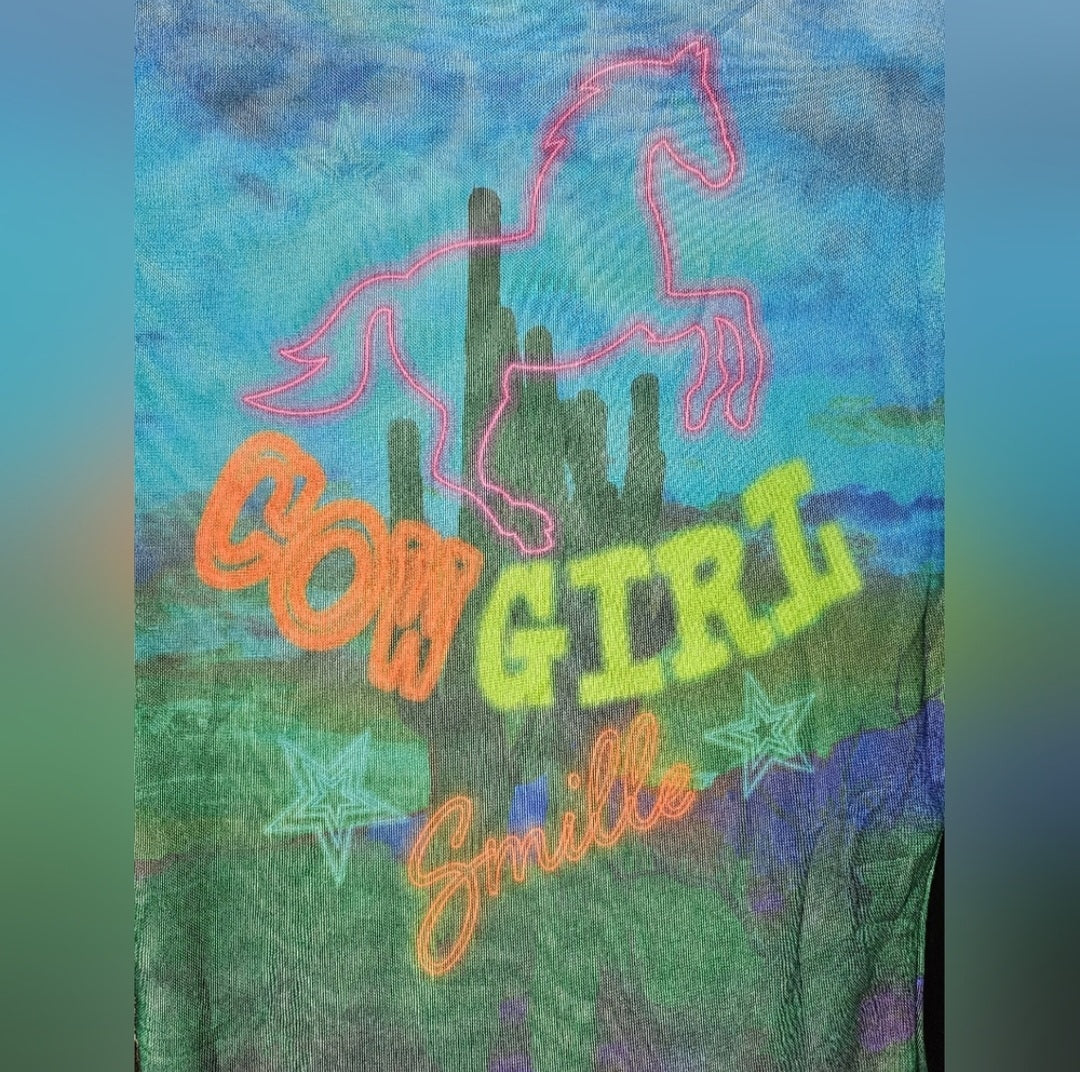 Multi Color Cowgirl Long Sleeve Mesh Top