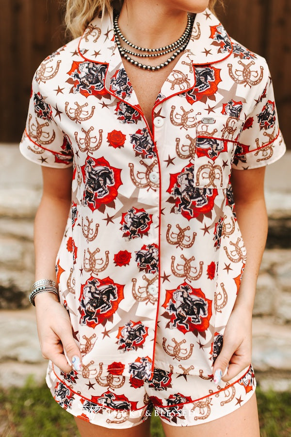 Rose Cowboy Printed Button Down Shorts Pajama Lounge Set