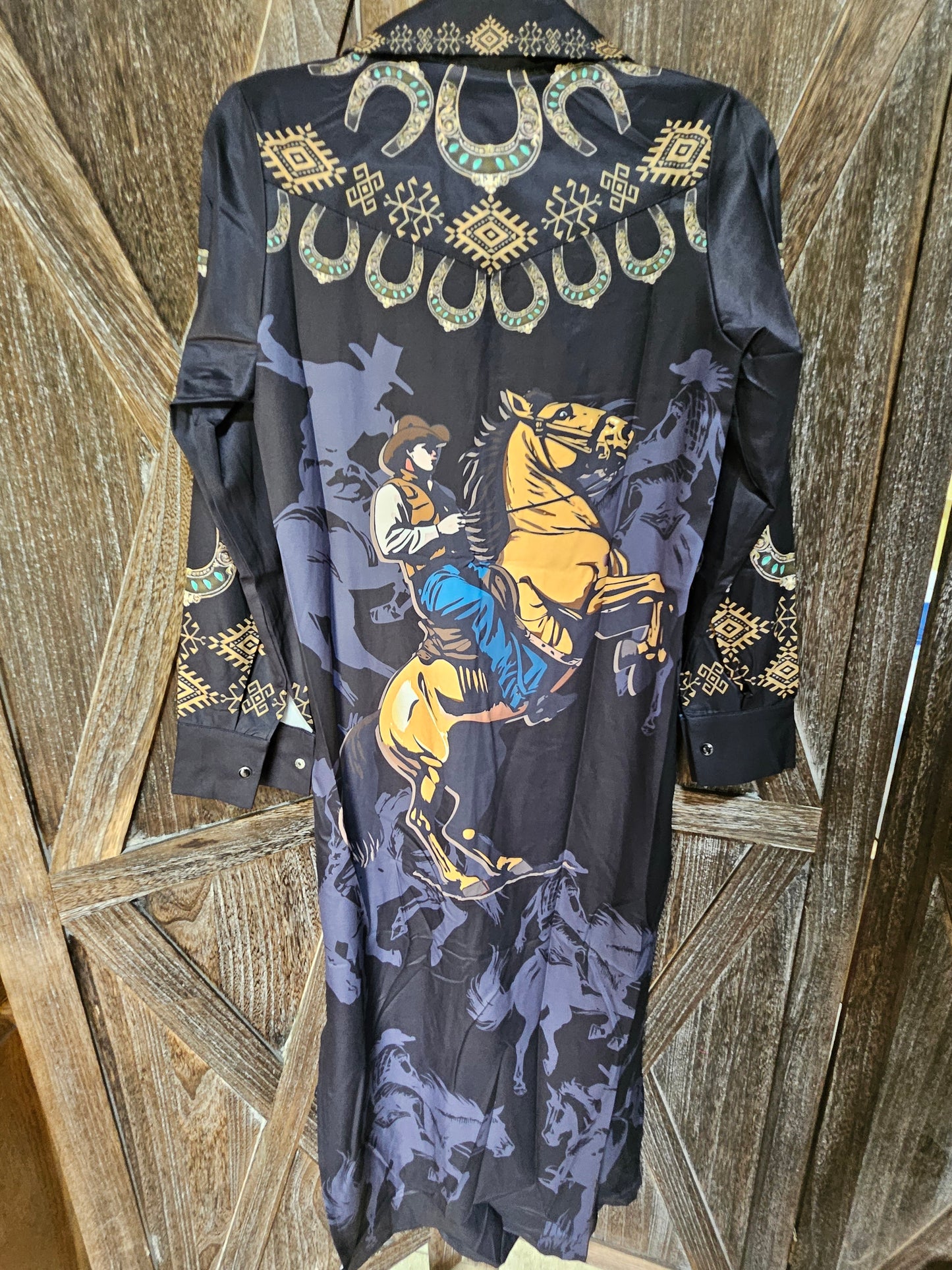 Black Riding Cowboy Aztec Button Down Maxi Shirt Dress