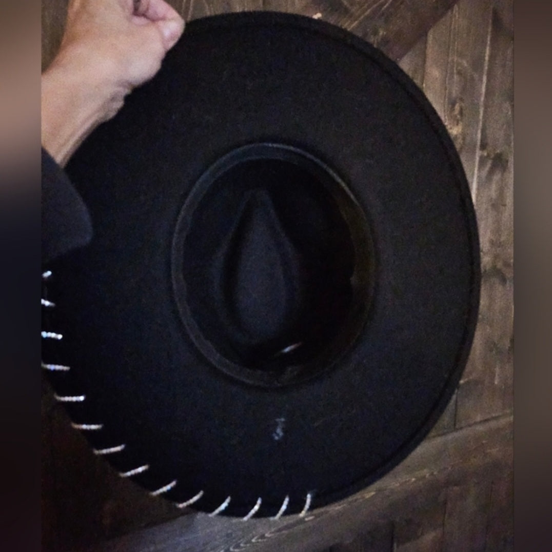 Black Western Cowhide Fedora Hat with Turquoise Accents and Rhinestones