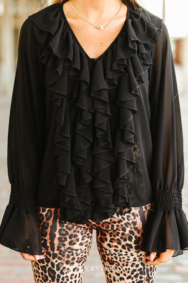 Western black ruffle top pleated cuffs