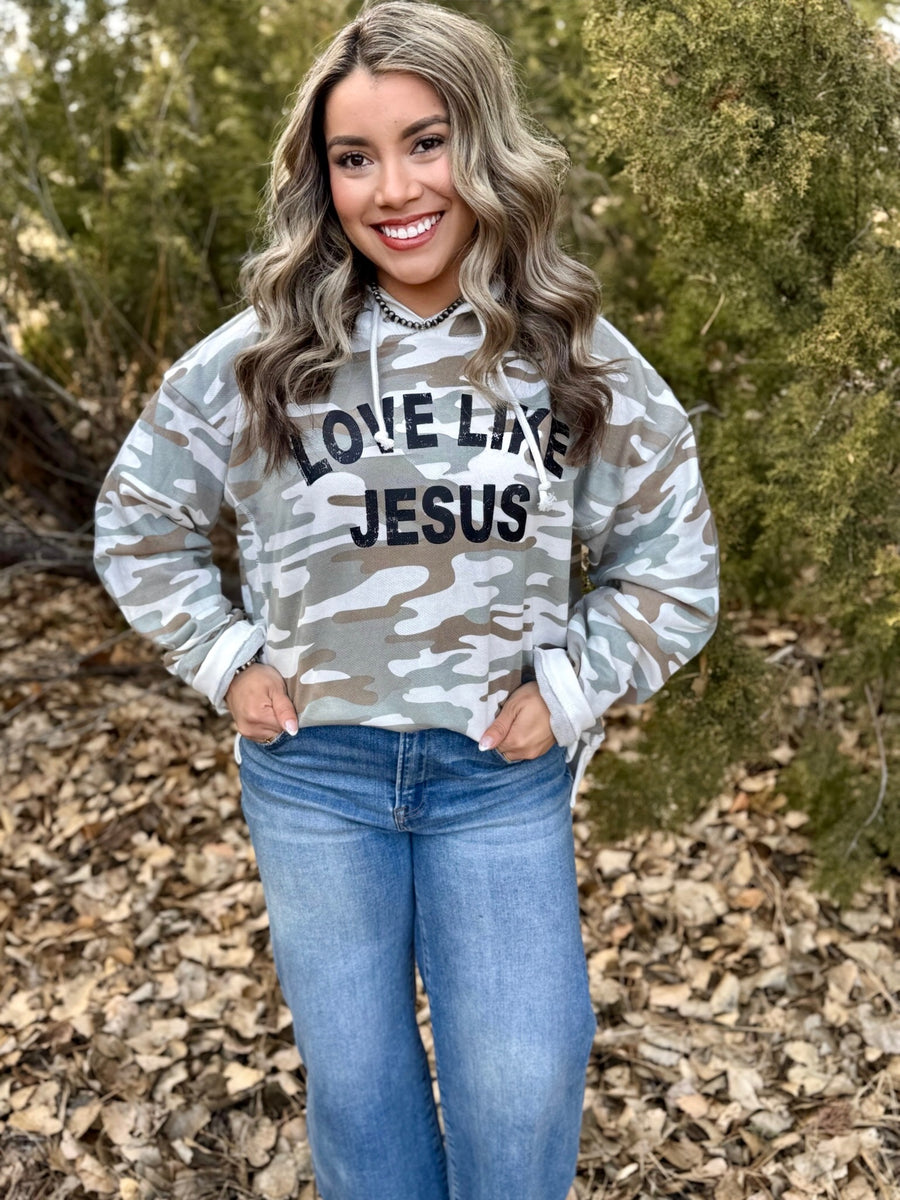Green Camo Hoodie Graphic Print- Love Like Jesus