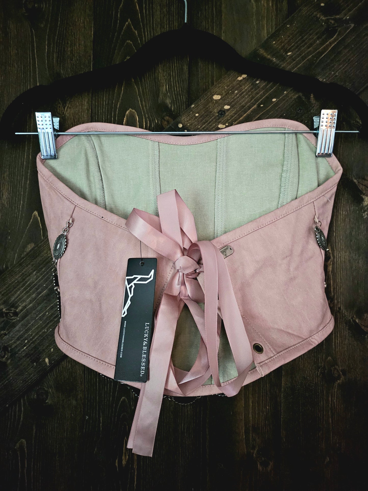 Pink Corset Top W Concho Chain Detail on Faux Leather