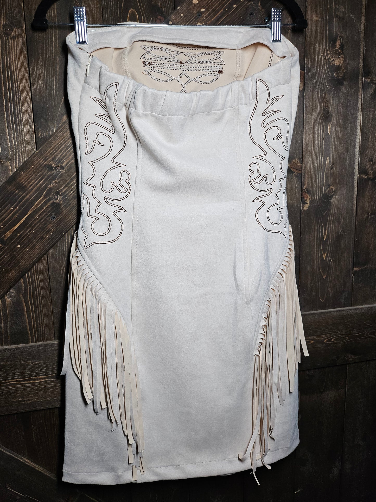 Ivory Suede Boot Stitch Embroidered Fringe Dress