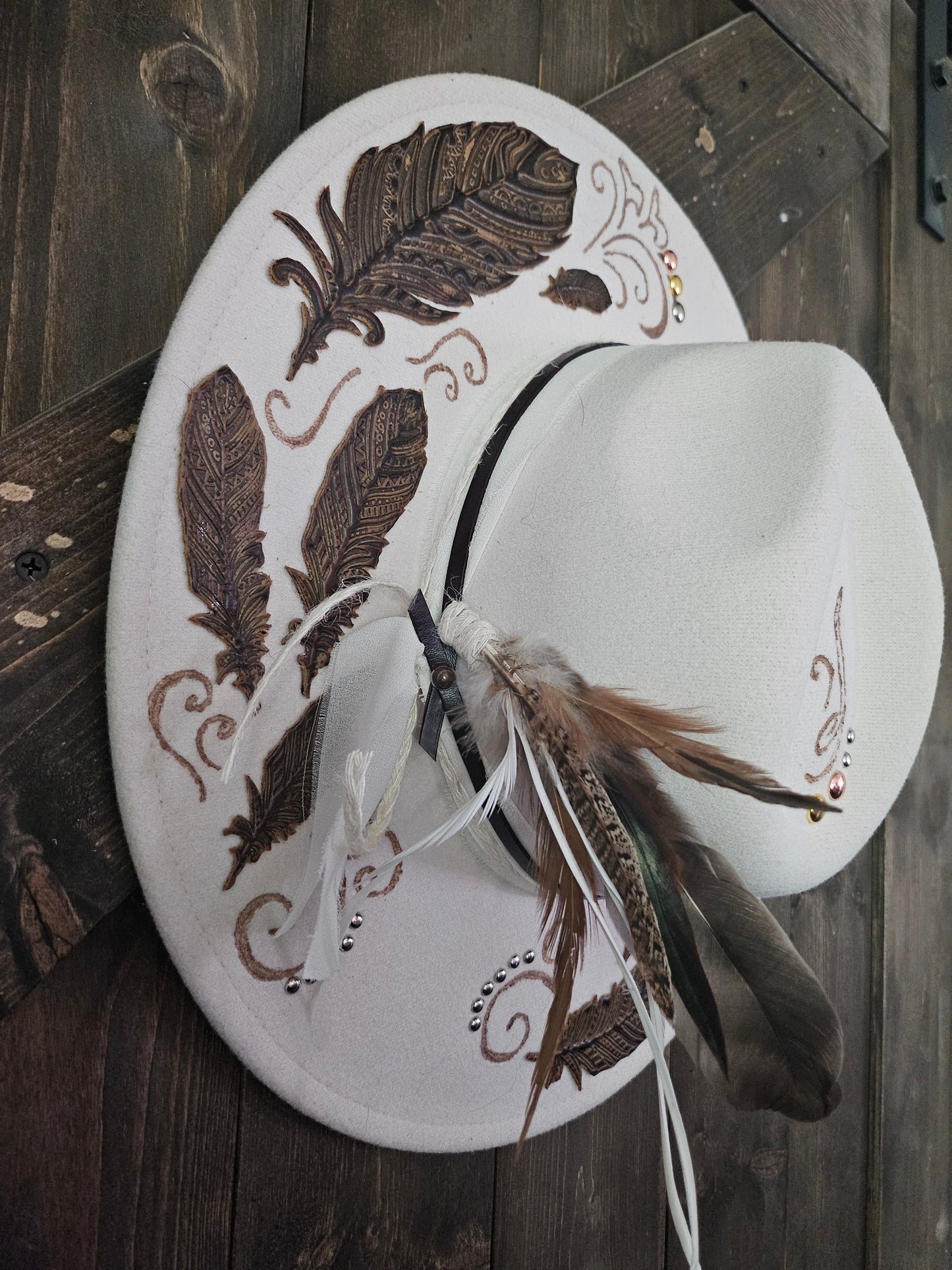 "Feathers in the wind" burned Fedora cowboy hat.