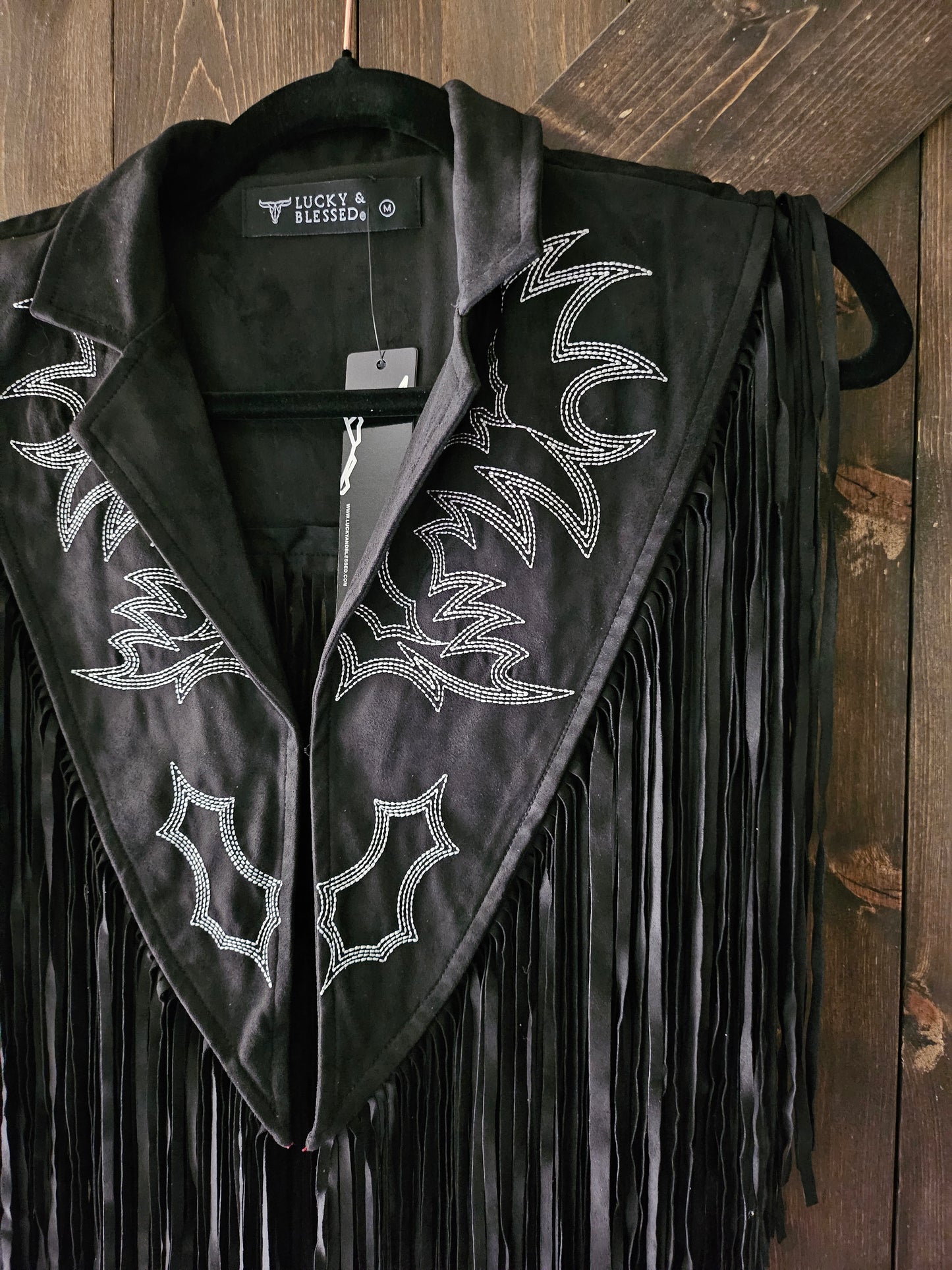 Western Fringe Black Cape With Embroidered Boot-stitched