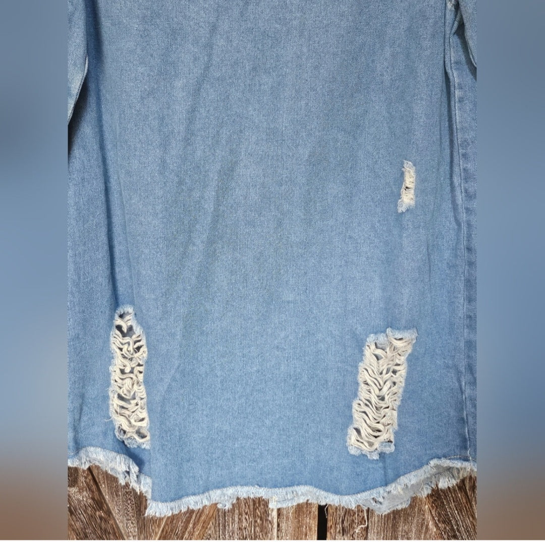 Stylish Distressed medium wash Blue Denim Jacket Top