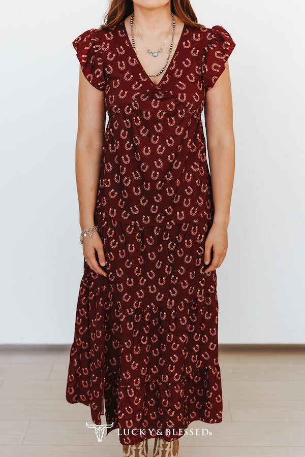 Wine Red Horse Shoe Short Sleeve Ruffle Tier Dress