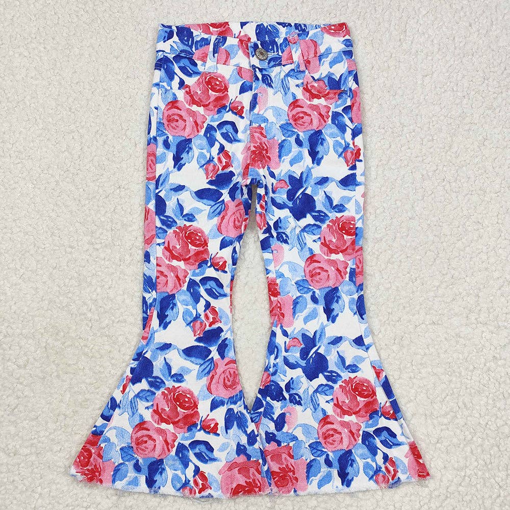 Girls Blue and Pink Floral Bell Flare Denim jeans