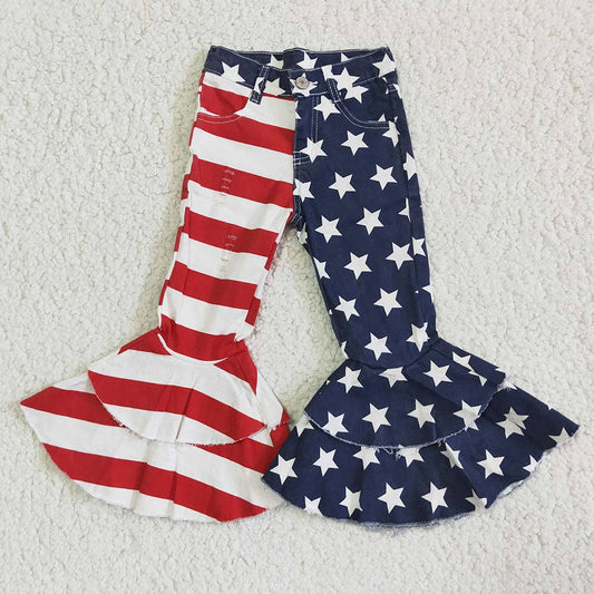 Denim Red Stripe Blue Stars patriotic Flare Pants