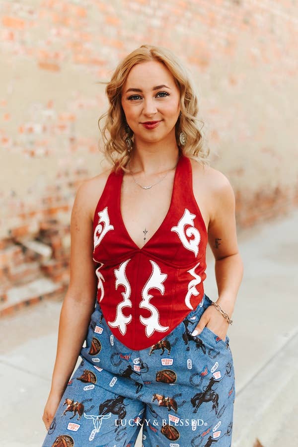 Red Ivory Contrast Boot-Stitch Fabric Halter Top