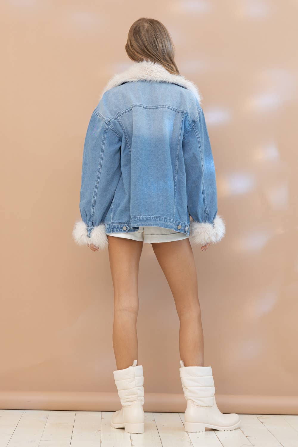 Fur Collard Cuff Over sized Washed Denim Jacket.