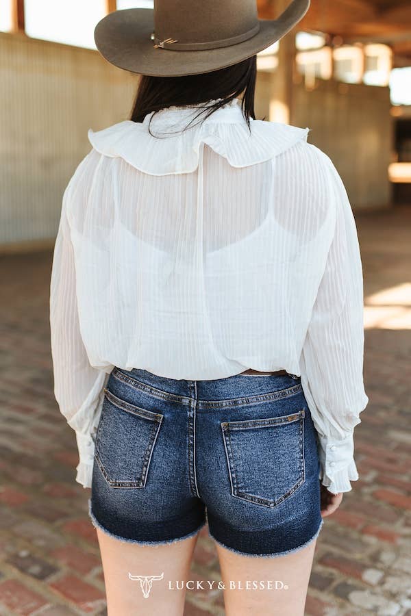 White Blouse With Sheer long Sleeve Ruffle Front
