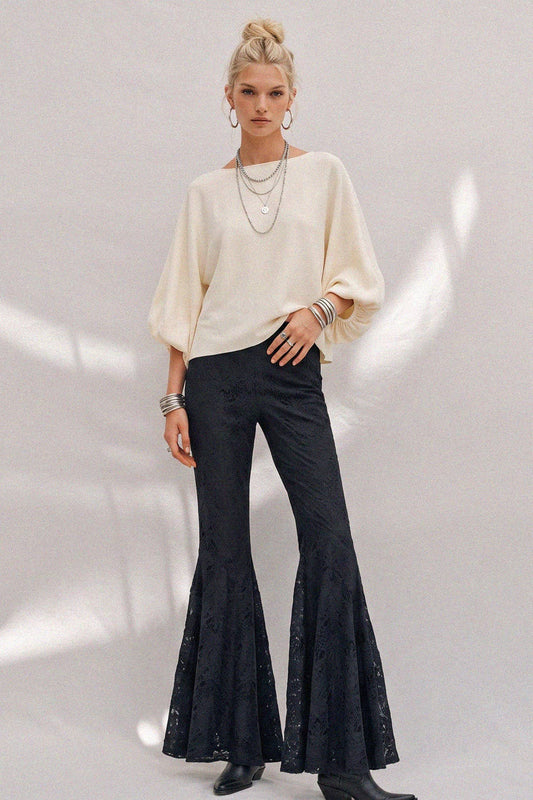 Boho Black Lace Bell Pants With Lining