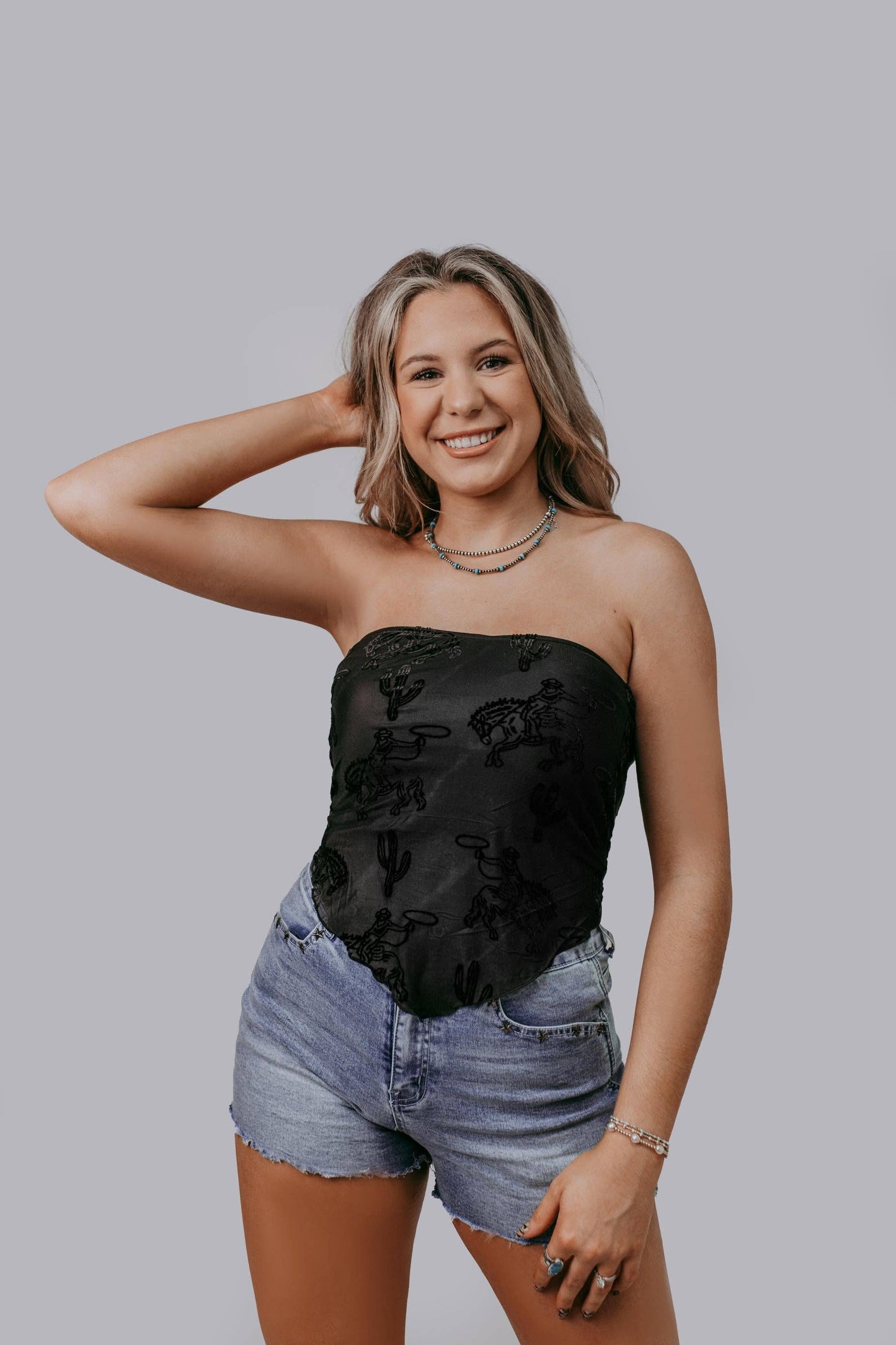 Printed Mesh Tube Top.