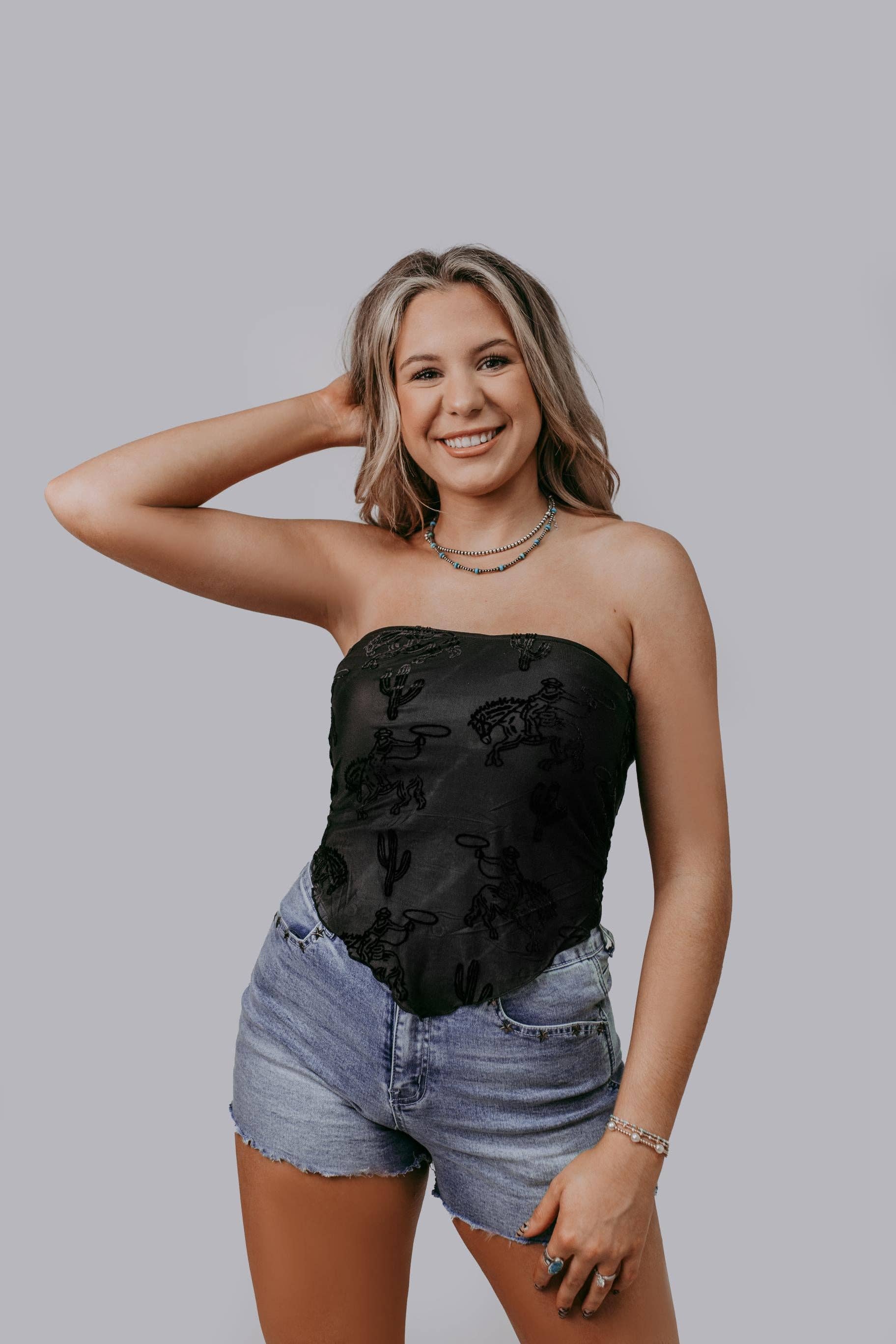 Printed Mesh Tube Top.