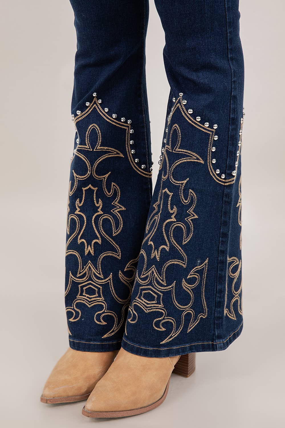 DARK BLUE  WESTERN  DENIUM JEANS WITH EMROIDERED BOOT STITCH AND STUD DETAIL