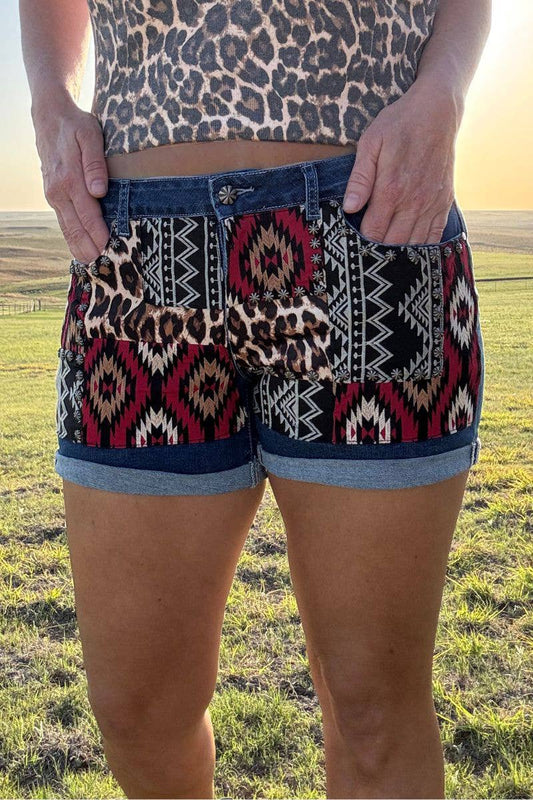 Patched Up Denim Shorts-In Red Aztec And Leopard Print