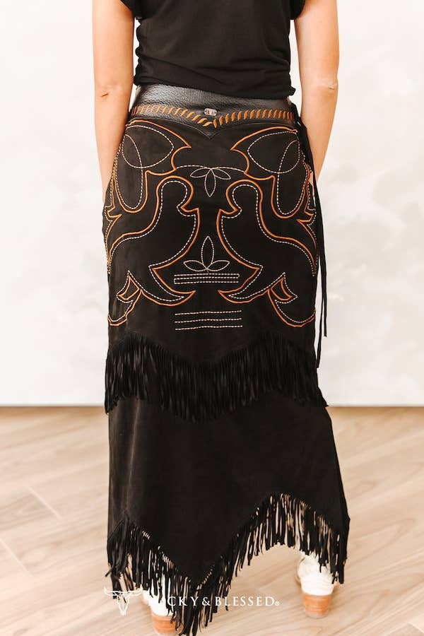 Black Boot Stitch Suede Fringe Skirt W Leather Upper Yoke