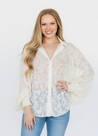 Ivory Burnout Velvet Mesh Balloon Sleeve Button Up Blouse