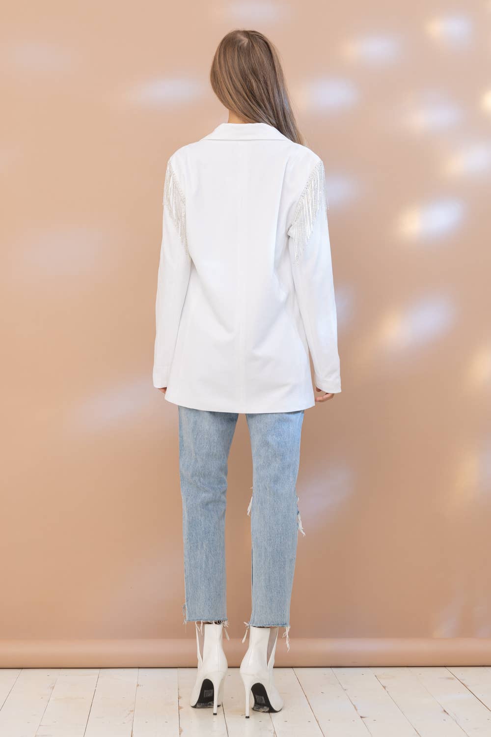 White Western Stretch Boyfriend Rhinestone Fringe Shoulder Blazer
