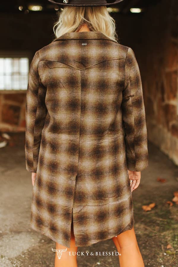 Brown Plaid Western Yoke Long Sleeve Long Blazer Jacket
