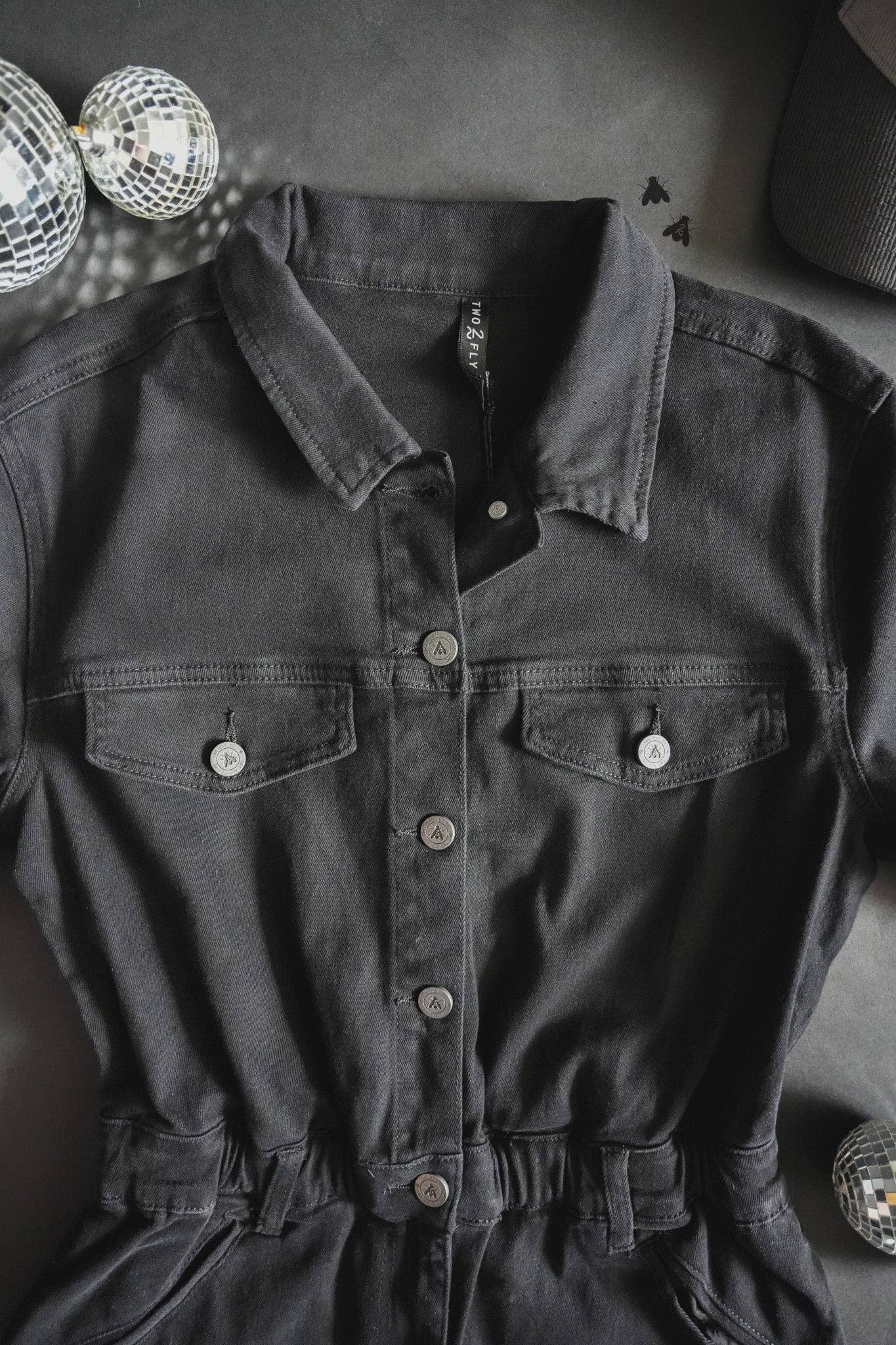 Black Denim Reckless Romper in Midnight