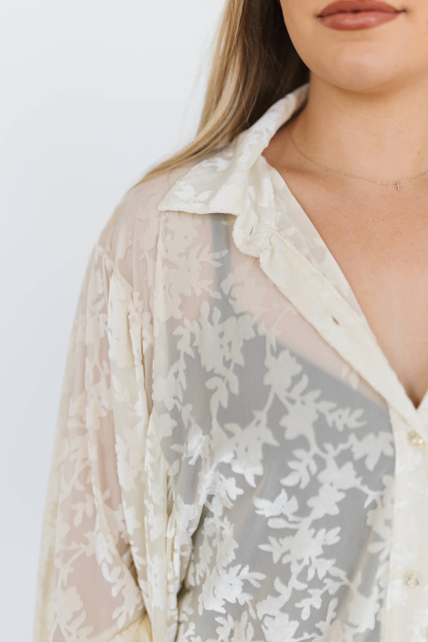 Ivory Burnout Velvet Mesh Balloon Sleeve Button Up Blouse