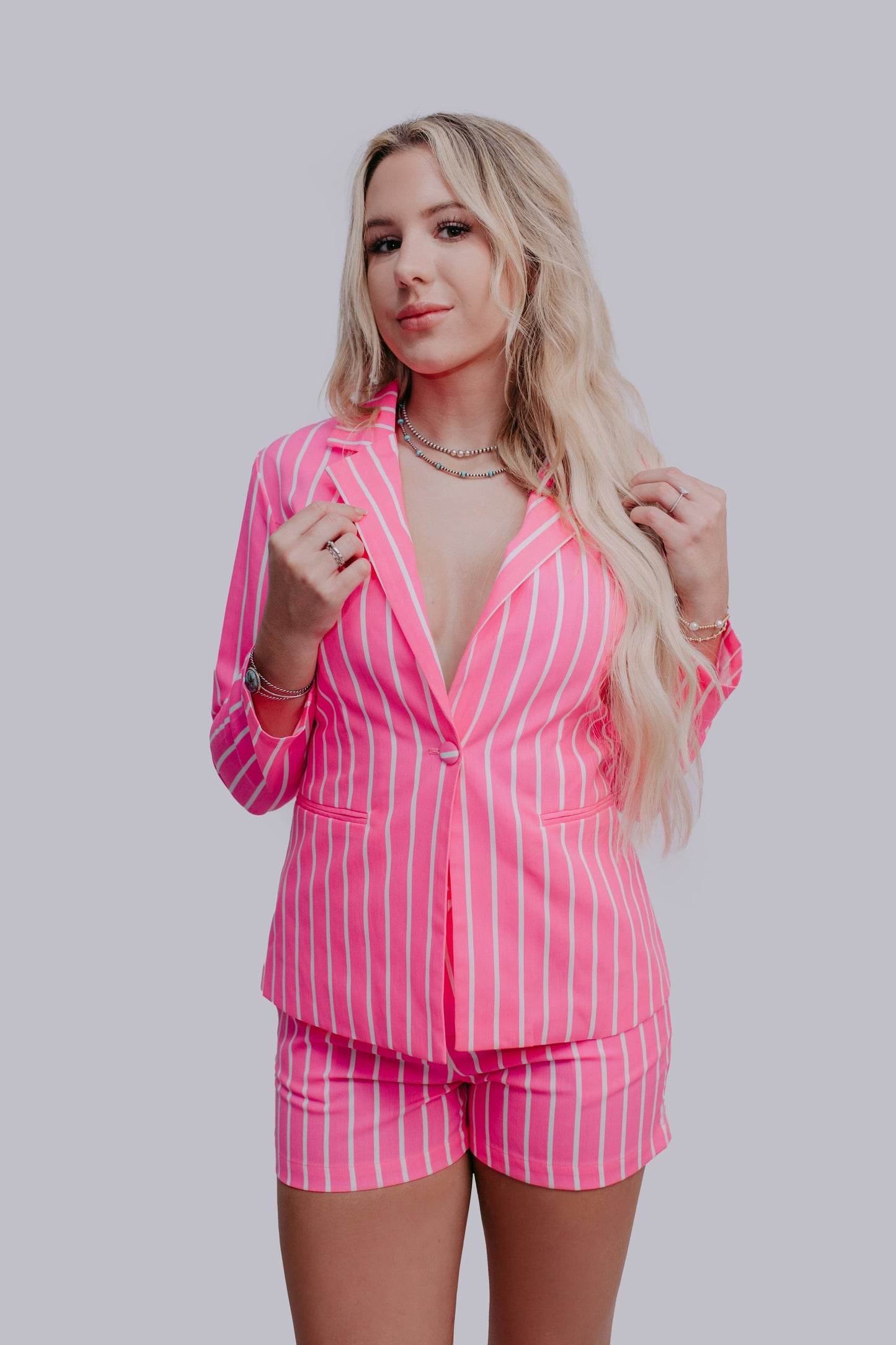 Pink Pinstripe Blazer and Shorts 2 Piece Set