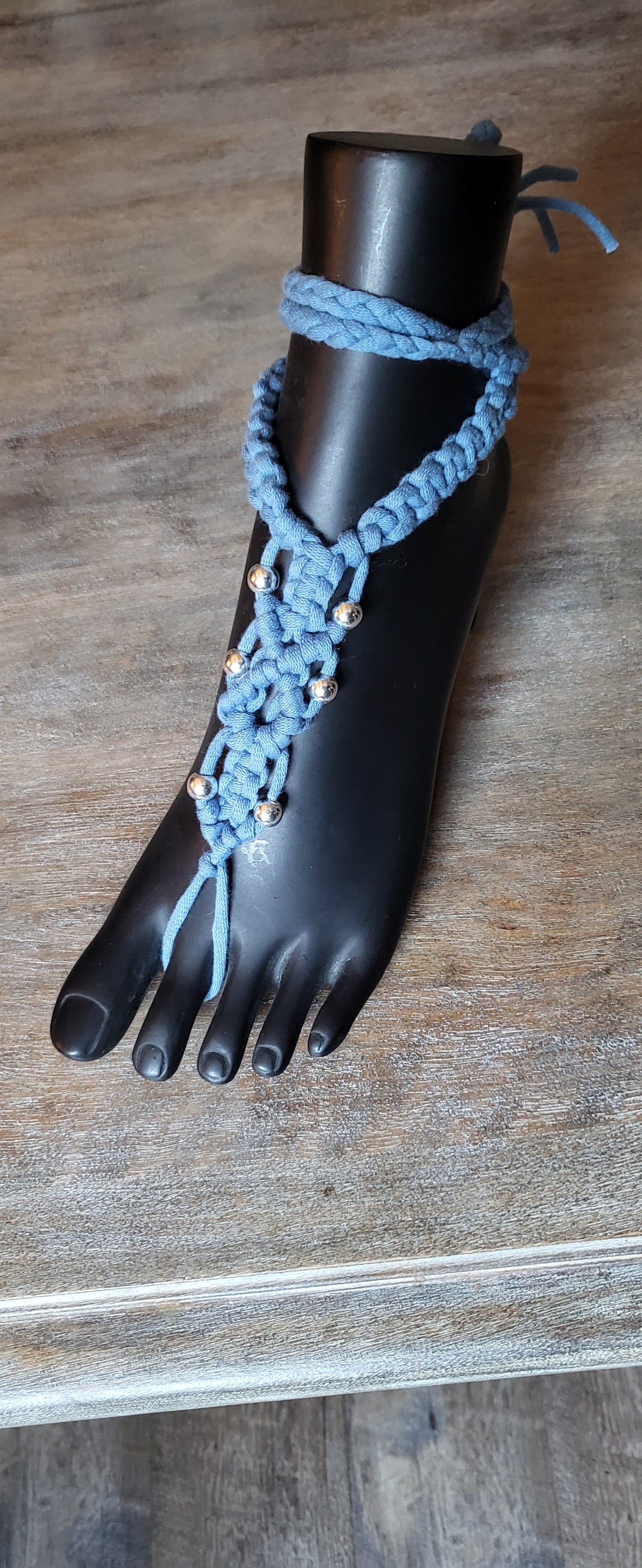 Steel blue macramé festival dress with silver beads and matching Barefoot sandals fully adjustable