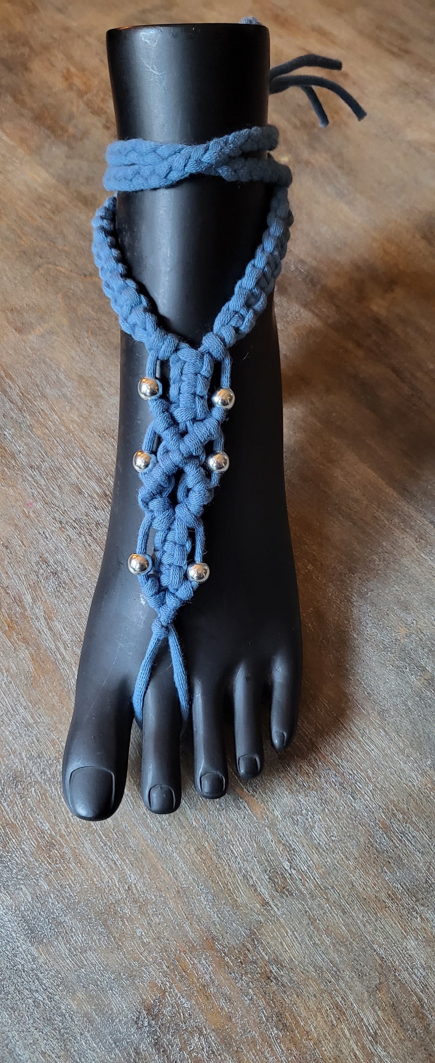 Steel blue macramé festival dress with silver beads and matching Barefoot sandals fully adjustable