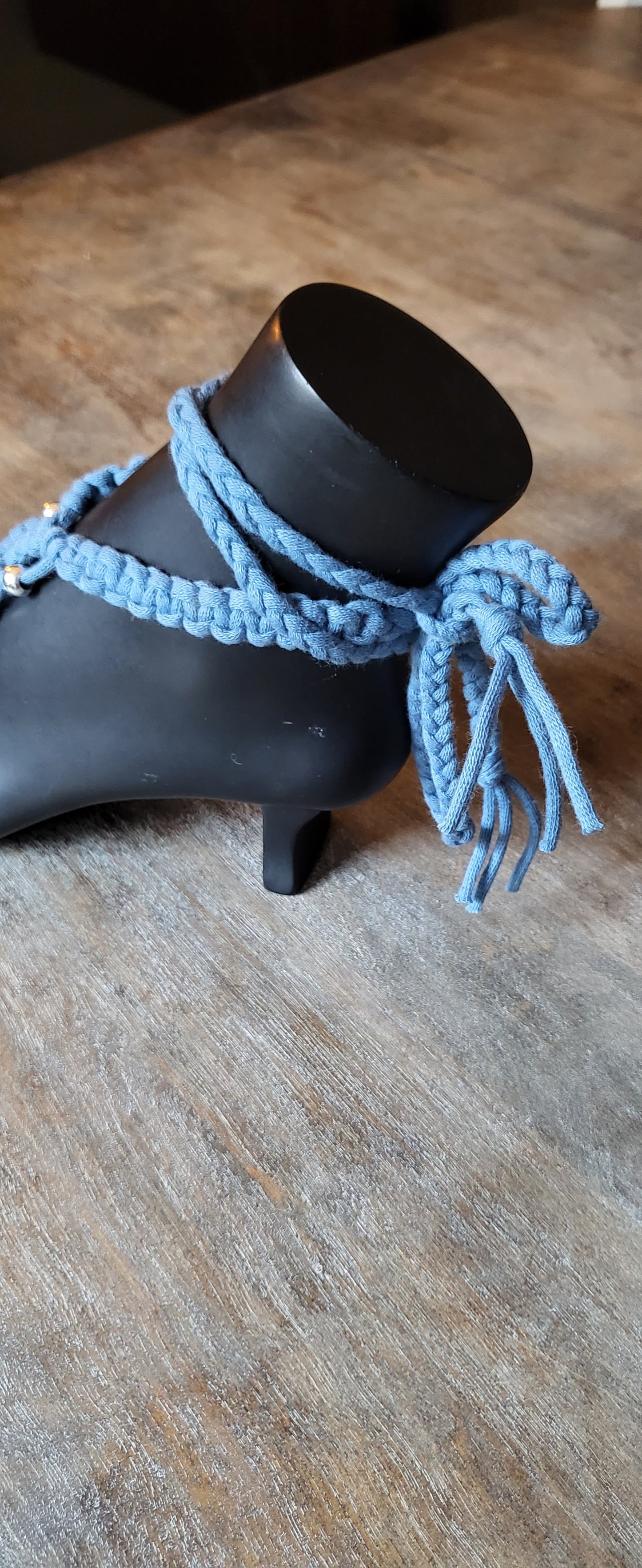 Steel blue macramé festival dress with silver beads and matching Barefoot sandals fully adjustable