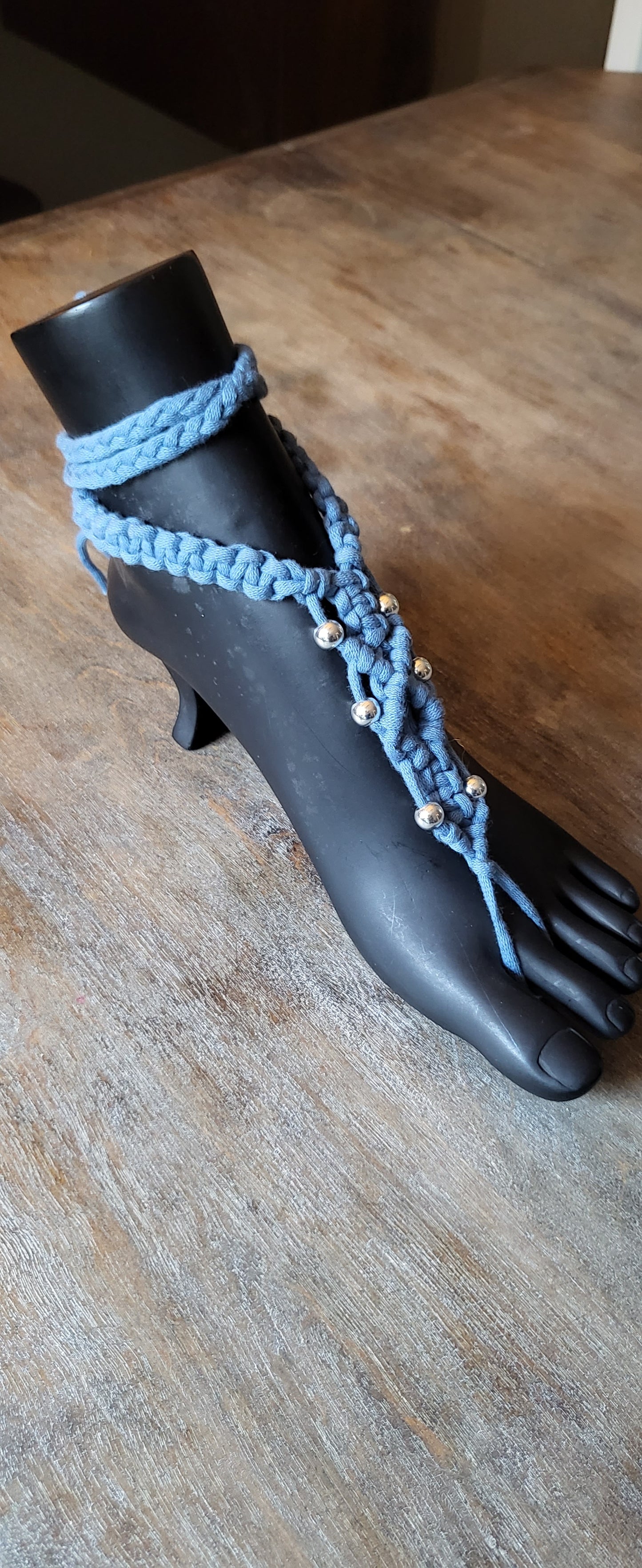 Steel blue macramé festival dress with silver beads and matching Barefoot sandals fully adjustable