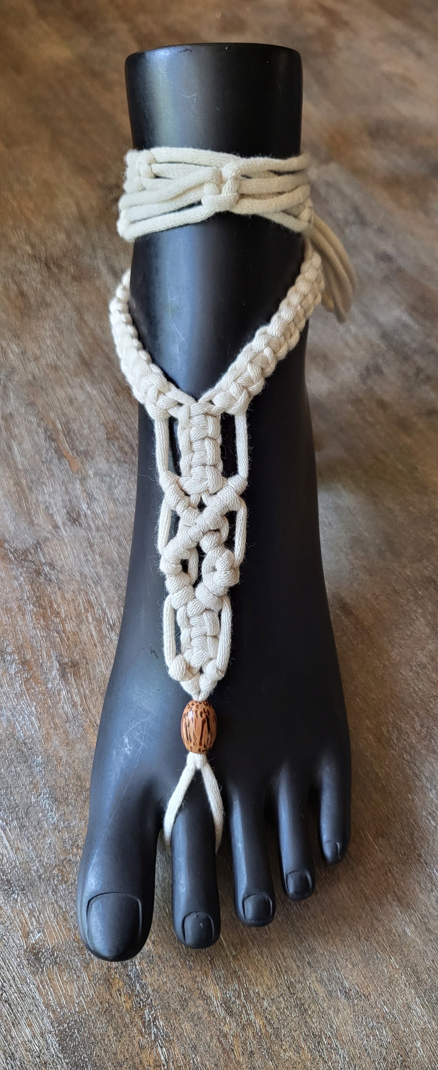 Natural white macramé beach festival dress with matching Barefoot sandals and wooden beads fully adjustable
