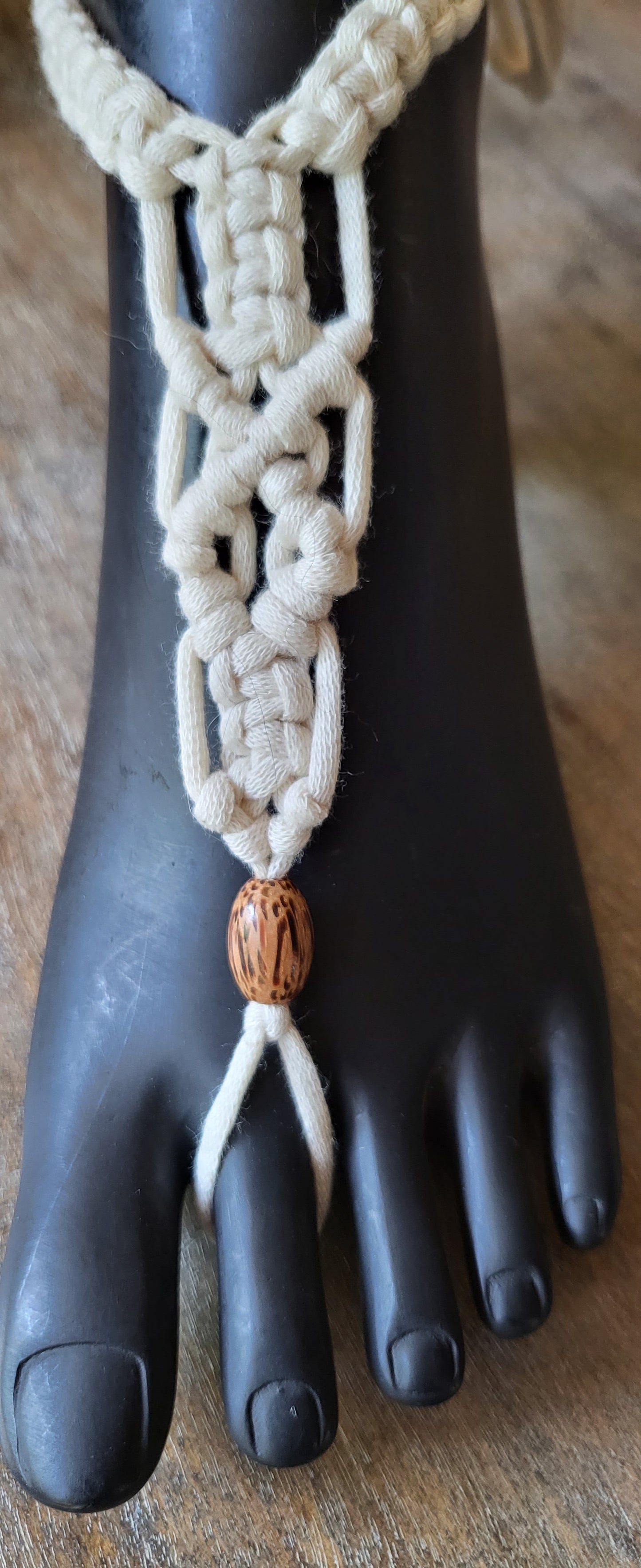 Natural white macramé beach festival dress with matching Barefoot sandals and wooden beads fully adjustable