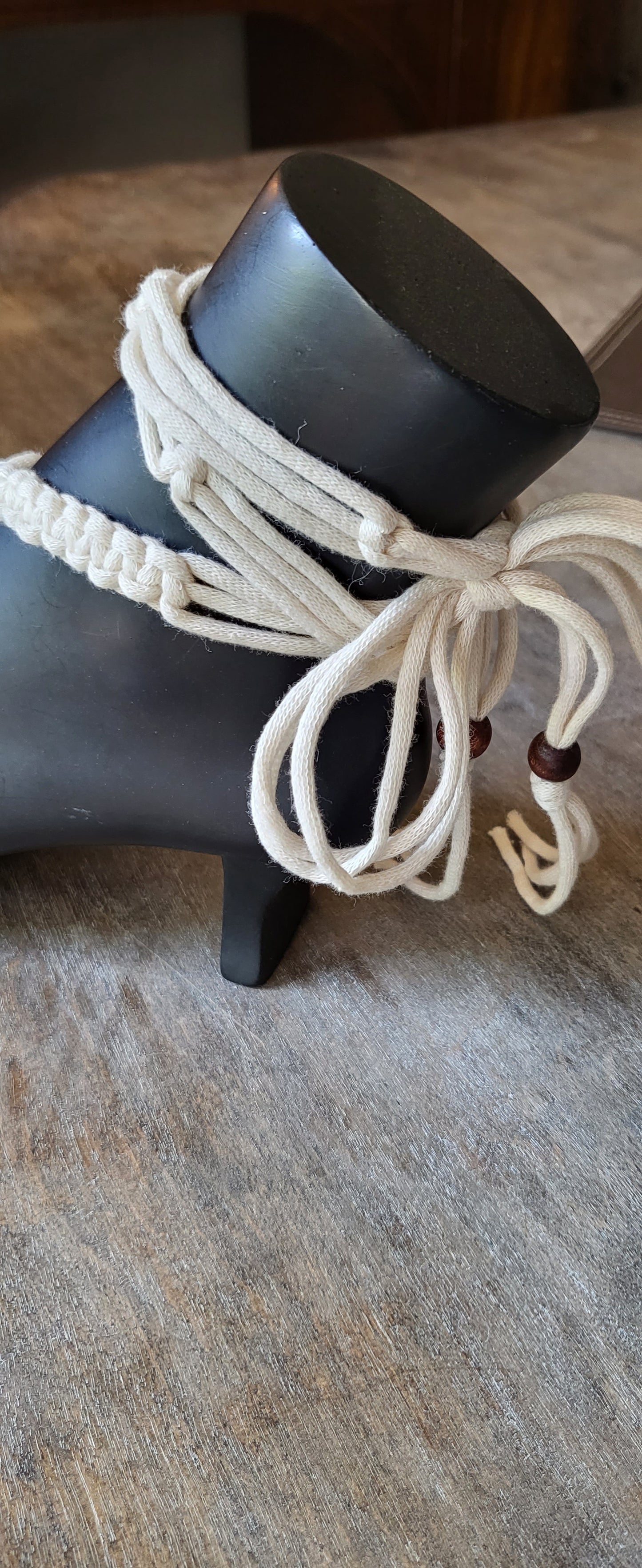 Natural white macramé beach festival dress with matching Barefoot sandals and wooden beads fully adjustable