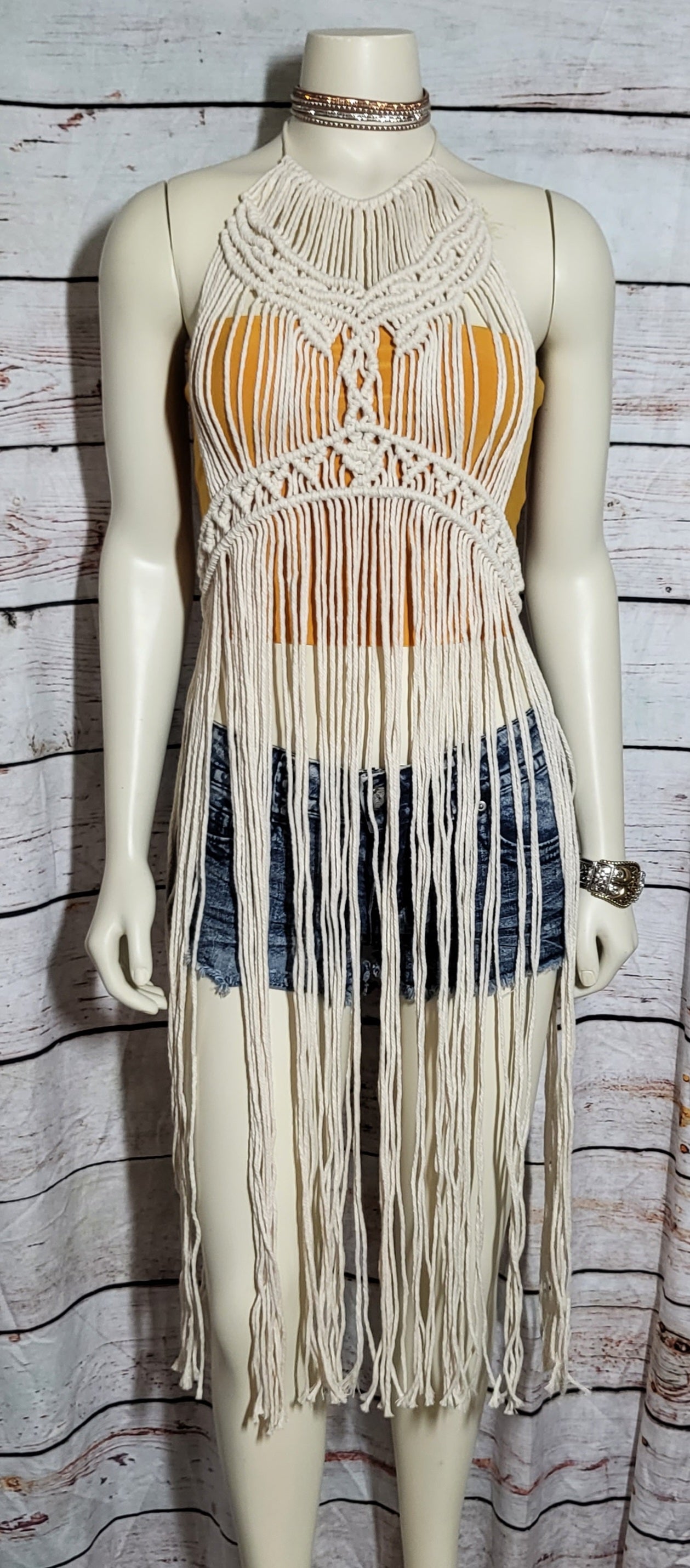 Natural white macramé beach festival dress with matching Barefoot sandals and wooden beads fully adjustable