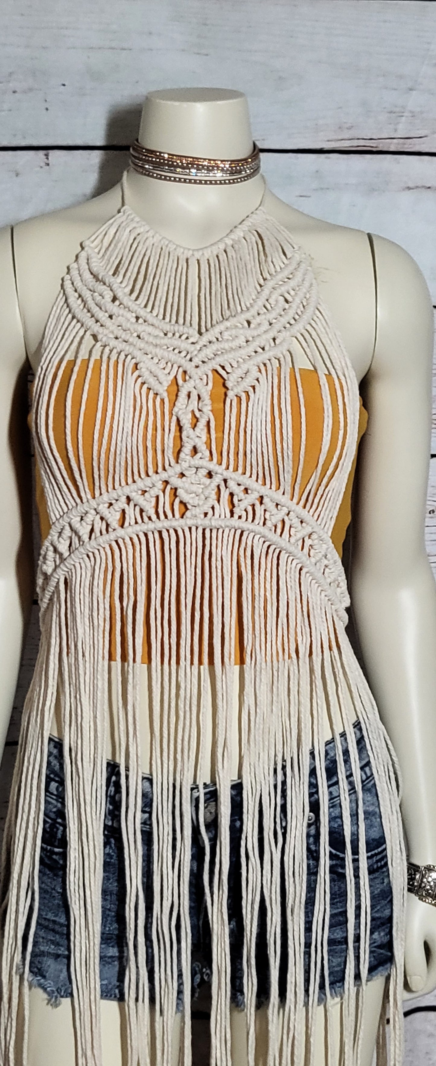 Natural white macramé beach festival dress with matching Barefoot sandals and wooden beads fully adjustable
