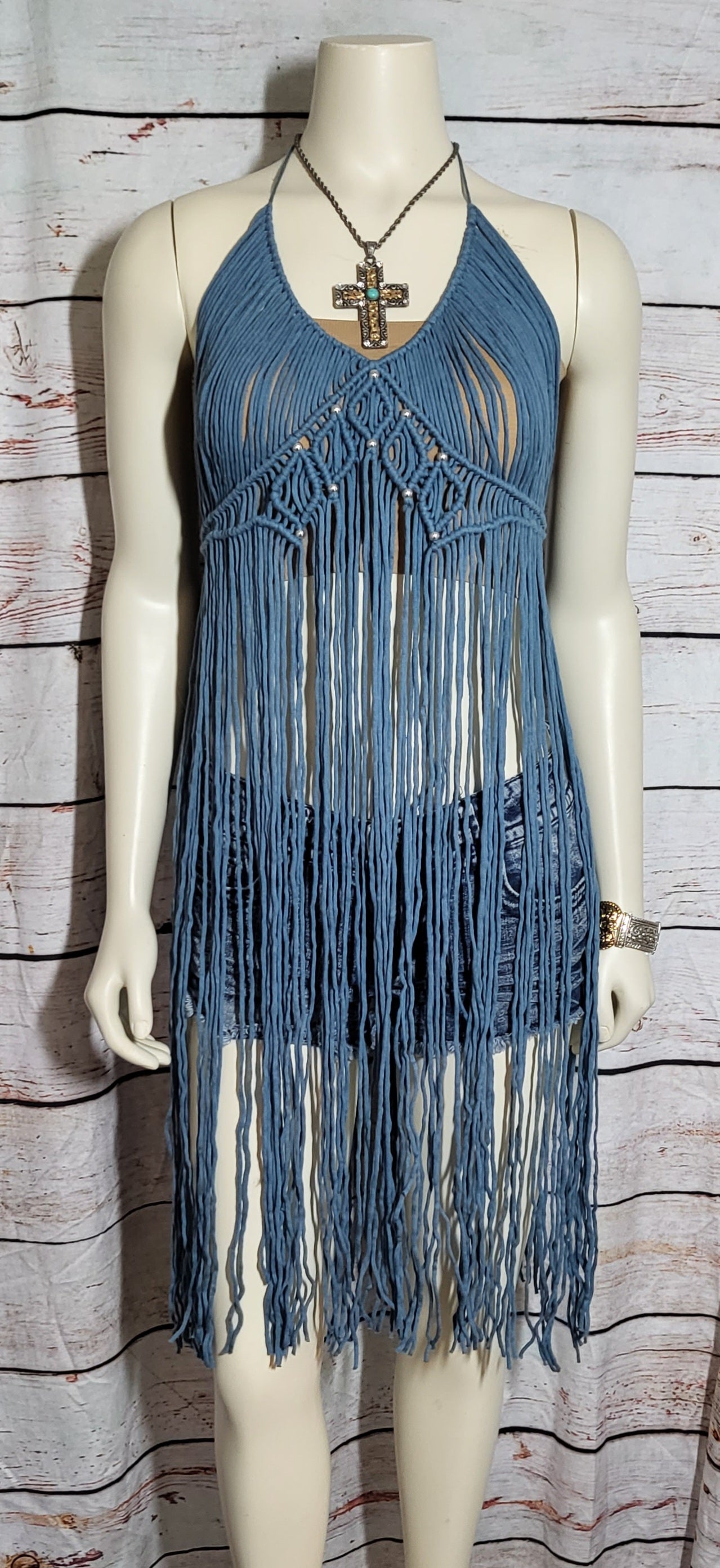 Steel blue macramé festival dress with silver beads and matching Barefoot sandals fully adjustable