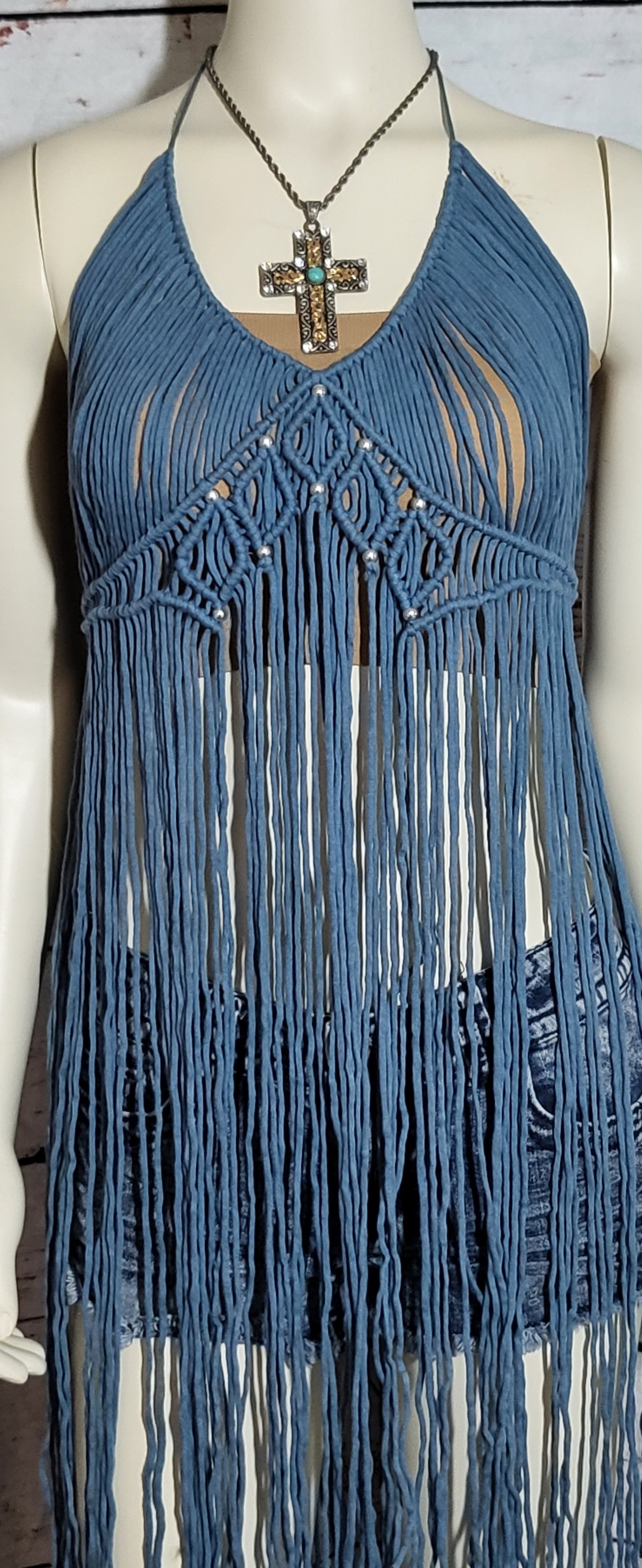 Steel blue macramé festival dress with silver beads and matching Barefoot sandals fully adjustable